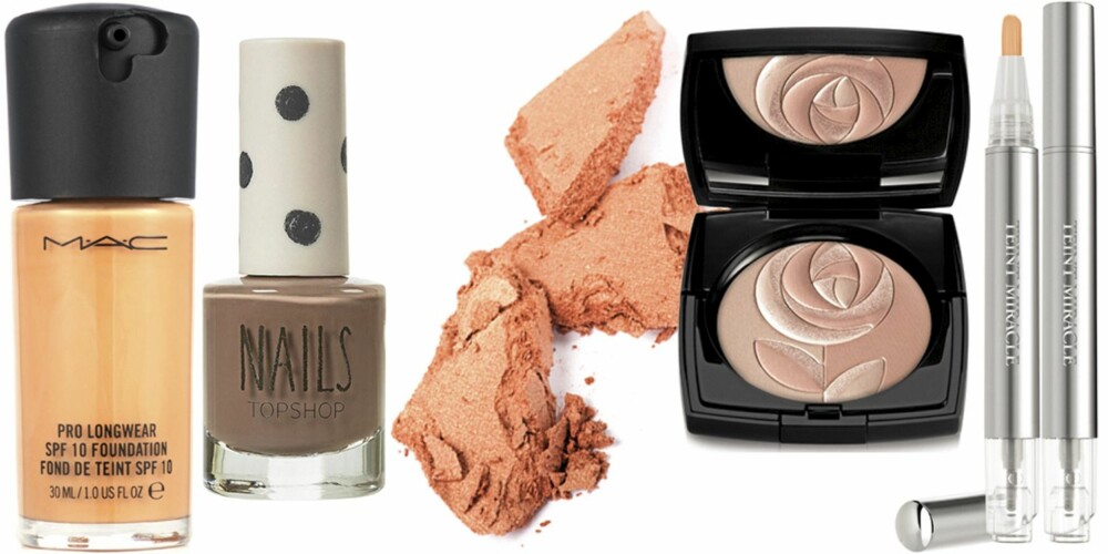 FRA VENSTRE: Mac Pro Longwear SPF 10 Foundation (kr 255), Topshop Nails i fargen Taupe (kr 45), Make Up Store Microshadow i fargen Under the Sun (kr 140), Lancôme La Rose Déco rouge (kr 400), Lnacôme Teint Miracle Concealer (kr 305). FRA VENSTRE: Mac Pro Longwear SPF 10 Foundation (kr 255), Topshop Nails i fargen Taupe (kr 45), Make Up Store Microshadow i fargen Under the Sun (kr 140), Lancôme La Rose Déco rouge (kr 400), Lnacôme Teint Miracle Concealer (kr 305).