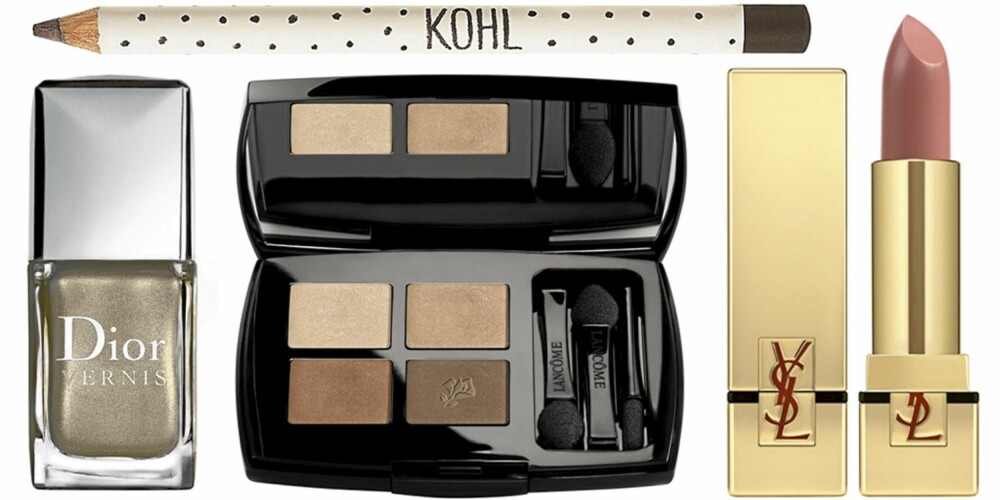 FRA VENSTRE: Dior Vernis Timeless Gold No. 226 (kr 215), Topshop Kohl in Saddle (kr 39), Lancôme Ombre Absolue Palette F10 Murmure de Desert (kr 415), YSL Rouge Pur Nr. 6 Rose Bergamasque (kr 265). FRA VENSTRE: Dior Vernis Timeless Gold No. 226 (kr 215), Topshop Kohl in Saddle (kr 39), Lancôme Ombre Absolue Palette F10 Murmure de Desert (kr 415), YSL Rouge Pur Nr. 6 Rose Bergamasque (kr 265).