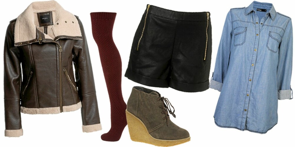 FRA VENSTRE: Jakke fra Lindex (kr 799), strømpe fra Topshop (kr 74), shorts fra Topshop (kr 351), sko fra Mango (kr 734), skjorte fras Cubus (kr 299). FRA VENSTRE: Jakke fra Lindex (kr 799), strømpe fra Topshop (kr 74), shorts fra Topshop (kr 351), sko fra Mango (kr 734), skjorte fras Cubus (kr 299).