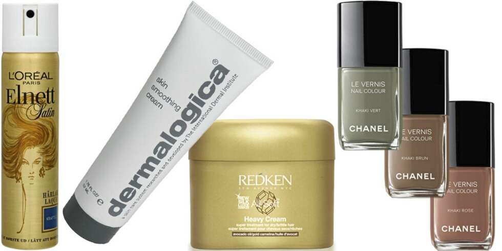 FRA VENSTRE: L'Oréal Elnett hårspray (kr 76), Dernalogica Skin Smoothing Cream (kr 460), Redken All Soft Heavy Cream (kr 414), Chanel Le Vernis Nail Colour Les Khakis (kr 210). FRA VENSTRE: L'Oréal Elnett hårspray (kr 76), Dernalogica Skin Smoothing Cream (kr 460), Redken All Soft Heavy Cream (kr 414), Chanel Le Vernis Nail Colour Les Khakis (kr 210).