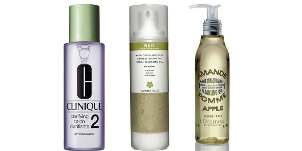 FRA VENSTRE: Clinique Clarifying Lotion (kr 310), REN Mayblossom Gel (kr 245), L'Occitane Apple Cleansing Oil (kr 159) FRA VENSTRE: Clinique Clarifying Lotion (kr 310), REN Mayblossom Gel (kr 245), L'Occitane Apple Cleansing Oil (kr 159)