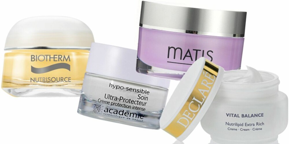 FRA VENSTRE: Biotherm Nutrisource (kr 365 ), Academie Soin Ultra-Protecteur (kr 299), Matis Climatis (kr 589), Decléor Nutrilipid Extra Rich (kr 245) FRA VENSTRE: Biotherm Nutrisource (kr 365 ), Academie Soin Ultra-Protecteur (kr 299), Matis Climatis (kr 589), Decléor Nutrilipid Extra Rich (kr 245)