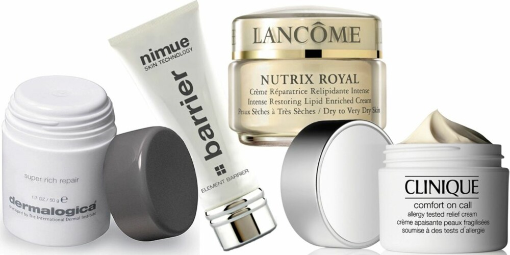 FRA VENSTRE: Dermalogica Super Rich Repair (kr 795), Nimue Barrier Elemetn Repair (kr 479), Lancôme Nutrix Royal (kr 475), Clinique Comfort On Call (kr 375). FRA VENSTRE: Dermalogica Super Rich Repair (kr 795), Nimue Barrier Elemetn Repair (kr 479), Lancôme Nutrix Royal (kr 475), Clinique Comfort On Call (kr 375).