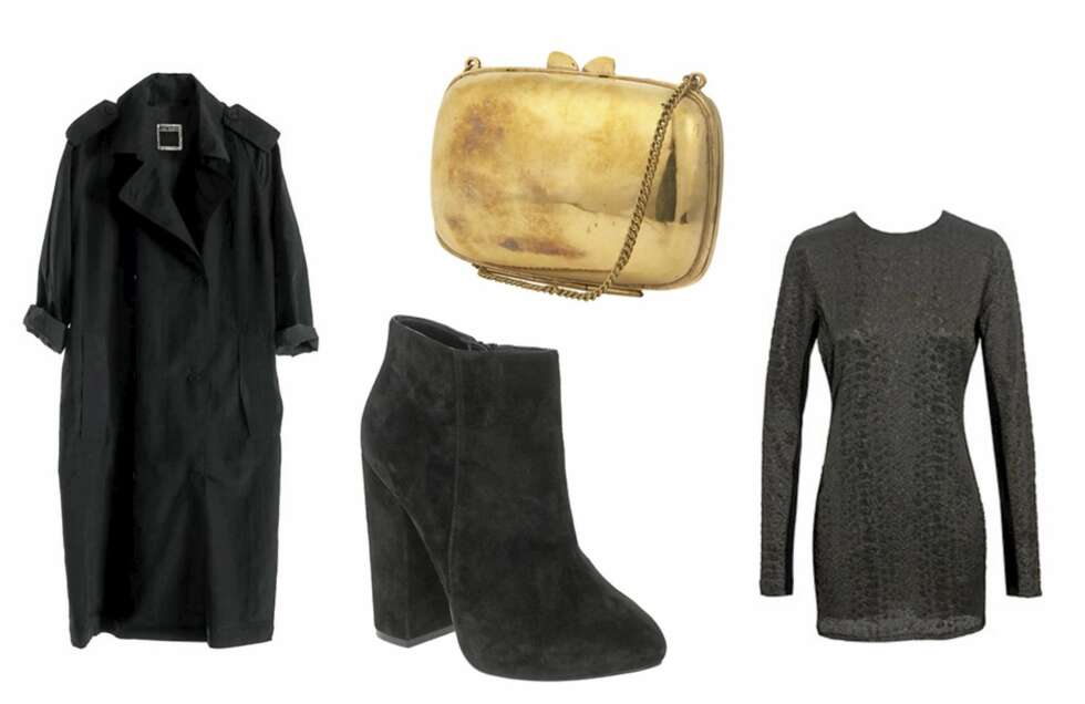 MARIA: Trenchcoat fra Weekday (kr 800), ankelboots fra Asos.com (kr 730), gullveske fra Topshop.com (kr 430) og kjole fra Kimberly Oviz (kr 7760). MARIA: Trenchcoat fra Weekday (kr 800), ankelboots fra Asos.com (kr 730), gullveske fra Topshop.com (kr 430) og kjole fra Kimberly Oviz (kr 7760).