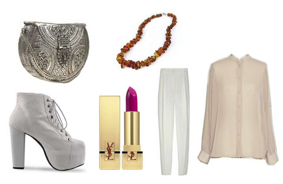 ELEN: Sko fra Jeffrey Campbell (kr 965), veske fra Topshop (kr 475), leppestift fra YSL i fargen Fuchsia (kr 265), ravsmykke fra Ambershopping.com (kr 120), bukser fra Vanessa Bruno (kr 975) og bluse fra Acne (kr 1195). ELEN: Sko fra Jeffrey Campbell (kr 965), veske fra Topshop (kr 475), leppestift fra YSL i fargen Fuchsia (kr 265), ravsmykke fra Ambershopping.com (kr 120), bukser fra Vanessa Bruno (kr 975) og bluse fra Acne (kr 1195).