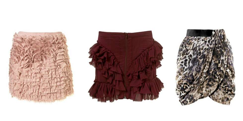 FRA VENSTRE: Rosa skjørt fra Topshop (kr 380), vinrødt skjørt fra Topshop (kr 335) og mønstrete skjørt fra H&M (kr 299). FRA VENSTRE: Rosa skjørt fra Topshop (kr 380), vinrødt skjørt fra Topshop (kr 335) og mønstrete skjørt fra H&M (kr 299).