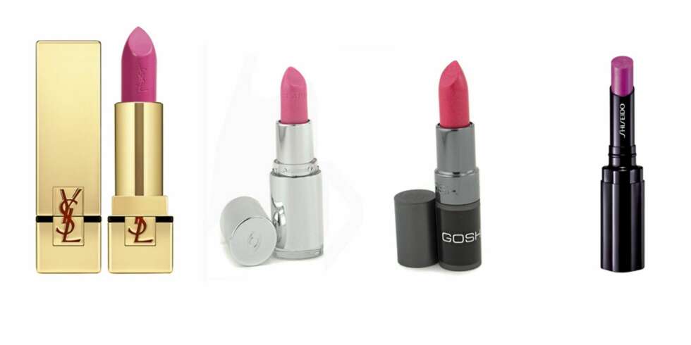 ROSA: Yves Saint Laurent (kr 220), Clarins Jolie Rouge (kr 145,50) , Gosh perleglans (kr 64,50), Shiseido shimmering rouge (kr 130) ROSA: Yves Saint Laurent (kr 220), Clarins Jolie Rouge (kr 145,50) , Gosh perleglans (kr 64,50), Shiseido shimmering rouge (kr 130)
