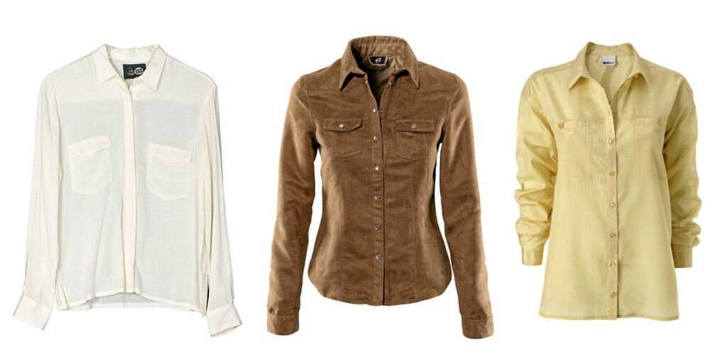 FRA VENSTRE: Skjorte fra Cheap Monday (kr 400), mokkaskjorte fra H&M (kr 149) og gul skjorte fra Gina Tricot (kr 259). FRA VENSTRE: Skjorte fra Cheap Monday (kr 400), mokkaskjorte fra H&M (kr 149) og gul skjorte fra Gina Tricot (kr 259).