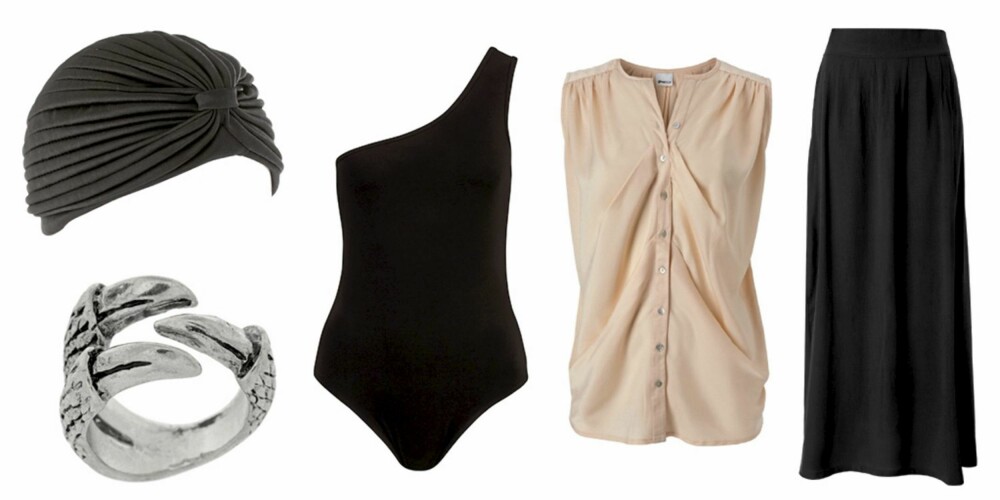 FRA VENSTRE: Turban fra Asos.com (kr 125), ring fra Asos.com (kr 63), body fra Bik Bok (kr 129), topp fra Gina Tricot (kr 199) og skjørt fra Gina Tricot (kr 199). FRA VENSTRE: Turban fra Asos.com (kr 125), ring fra Asos.com (kr 63), body fra Bik Bok (kr 129), topp fra Gina Tricot (kr 199) og skjørt fra Gina Tricot (kr 199).