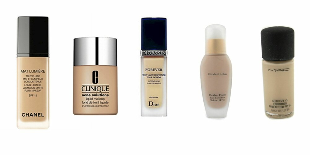 TRADISJONELL: Chanel Long Lasting (kr 400), Clinique Acne Solutions (kr 169), Dior Forever (kr 410), Elizabeth Arden Flawless Finish (kr 200), MAC Select (kr 200). TRADISJONELL: Chanel Long Lasting (kr 400), Clinique Acne Solutions (kr 169), Dior Forever (kr 410), Elizabeth Arden Flawless Finish (kr 200), MAC Select (kr 200).