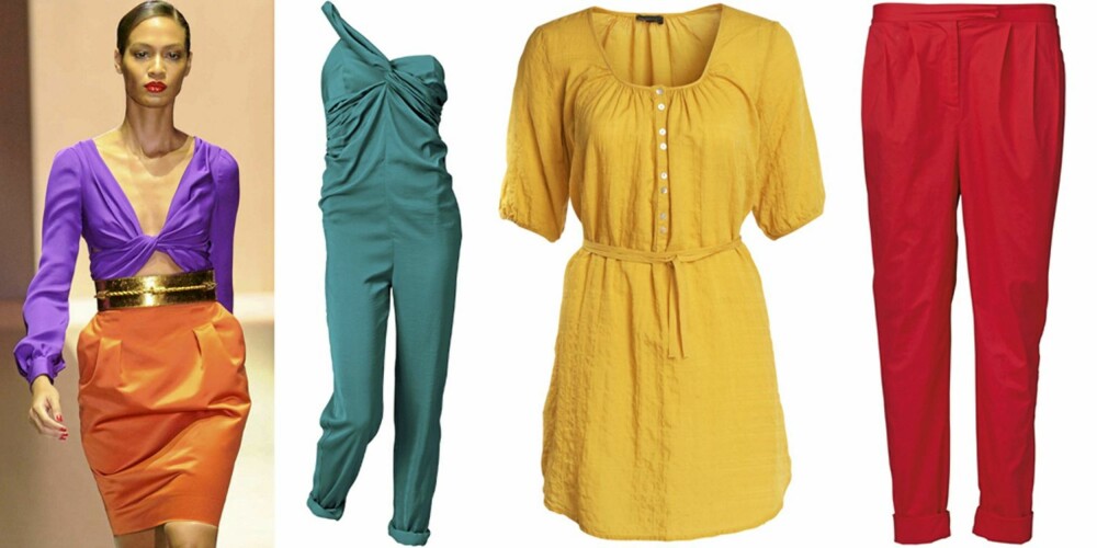 FARGESTERK: På catwalken til Gucci, buksedress fra H&M (kr 499), tunika fra Lindex (kr 249), bukse fra Vero Moda (kr 400). FARGESTERK: På catwalken til Gucci, buksedress fra H&M (kr 499), tunika fra Lindex (kr 249), bukse fra Vero Moda (kr 400).