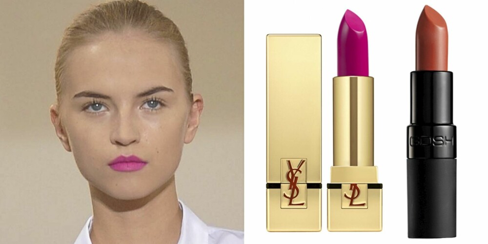 FRA VENSTRE: På catwalken til Jil Sander, YSL Rouge Pur Couture Nr. 7 Le Fuchsia (kr 280), Gosh Velvet Touch Lipstick (kr 85). FRA VENSTRE: På catwalken til Jil Sander, YSL Rouge Pur Couture Nr. 7 Le Fuchsia (kr 280), Gosh Velvet Touch Lipstick (kr 85).