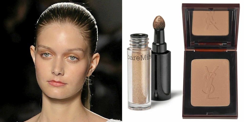 FRA VENSTRE: På catwalken til Sportmax, bareMineral High Shine Bronzed (kr 249), YSL Terre Saharienne nr. 1 Sable (kr 355). FRA VENSTRE: På catwalken til Sportmax, bareMineral High Shine Bronzed (kr 249), YSL Terre Saharienne nr. 1 Sable (kr 355).