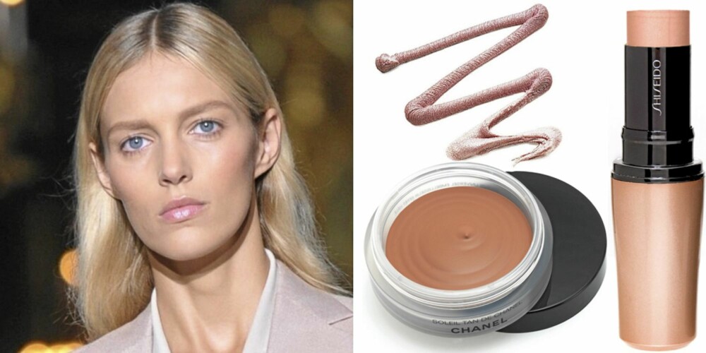 FRA VENSTRE: På catwalken til Stella McCartney, Chanel Soleil Tan de Chanel Bronzing Make-up Base (kr 370), e.l.f. Shimmering Facial Whip i fargen Citrus (kr 16), Shiseido Accenturating Color Stick nr. S3 (kr 310). FRA VENSTRE: På catwalken til Stella McCartney, Chanel Soleil Tan de Chanel Bronzing Make-up Base (kr 370), e.l.f. Shimmering Facial Whip i fargen Citrus (kr 16), Shiseido Accenturating Color Stick nr. S3 (kr 310).