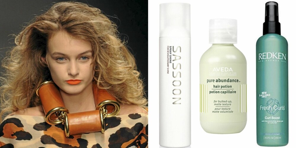FRA VENSTRE: På catwalken til JC de Castelbajac, Sassoon Spray Shine (kr 295), Aveda Pure Abundance Hair Potion (kr 370), Redken Fresh Curls Curl Boost (kr 338). FRA VENSTRE: På catwalken til JC de Castelbajac, Sassoon Spray Shine (kr 295), Aveda Pure Abundance Hair Potion (kr 370), Redken Fresh Curls Curl Boost (kr 338).