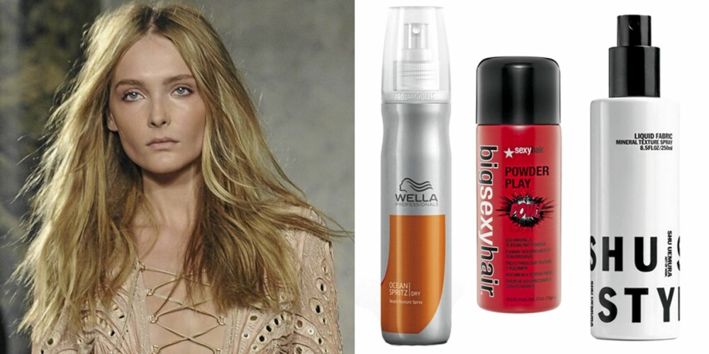 FRA VENSTRE: På catwalken til Emilio Pucci, Wella Professional Ocean Spritz Beach Texture Spray (kr 219), Sexy Hair Powder Play (kr 189), Shu Uemura Liquid Fabric Mineral Texture Spray (kr 350). FRA VENSTRE: På catwalken til Emilio Pucci, Wella Professional Ocean Spritz Beach Texture Spray (kr 219), Sexy Hair Powder Play (kr 189), Shu Uemura Liquid Fabric Mineral Texture Spray (kr 350).