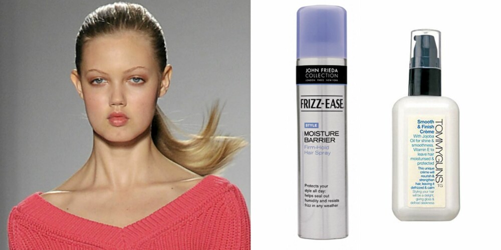 FRA VENSTRE: På catwalken til Sportmax, John Frieda Frizz-Ease Moisture Barrier Firm-Hold Hair Spray 8kr 89,50), TommyGuns Smooth og Finish Crème (kr 57). FRA VENSTRE: På catwalken til Sportmax, John Frieda Frizz-Ease Moisture Barrier Firm-Hold Hair Spray 8kr 89,50), TommyGuns Smooth og Finish Crème (kr 57).