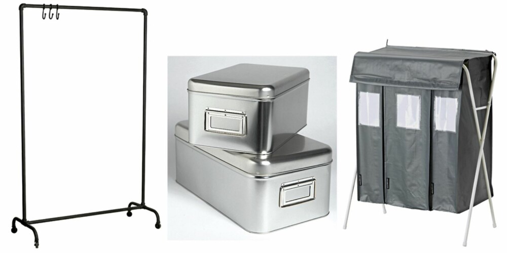 Svart klesstativ på hjul, kr 1875, House Doctor. Aluminiumsbokser, stablebare, kr 79/sett, Ikea. Svart sorteringsbag med stativ, kr 85, Ikea. Svart klesstativ på hjul, kr 1875, House Doctor. Aluminiumsbokser, stablebare, kr 79/sett, Ikea. Svart sorteringsbag med stativ, kr 85, Ikea.