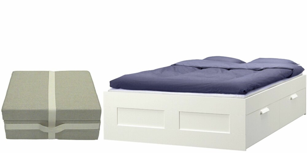 Sammenleggbar gjesteseng/madrass fra Muji, kr 1295, Åhléns. Seng med oppbevaringsplass, kr 1695, Ikea. Sammenleggbar gjesteseng/madrass fra Muji, kr 1295, Åhléns. Seng med oppbevaringsplass, kr 1695, Ikea.