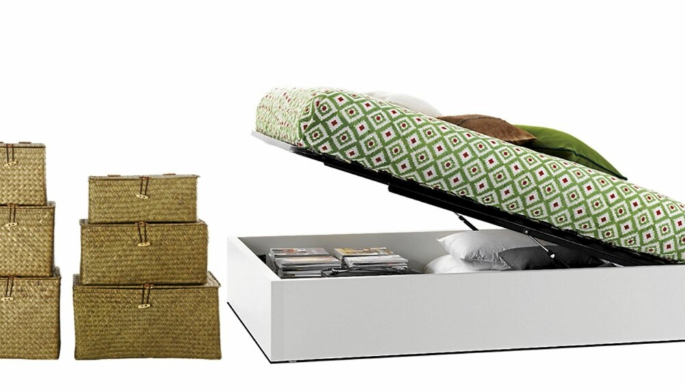 Flettede, kvadratiske kurver, kr 450 for 3 stk., House Doctor. Seng med oppbevaringsplass, kr 7890, BoConcept Skeidar. Flettede, kvadratiske kurver, kr 450 for 3 stk., House Doctor. Seng med oppbevaringsplass, kr 7890, BoConcept Skeidar.