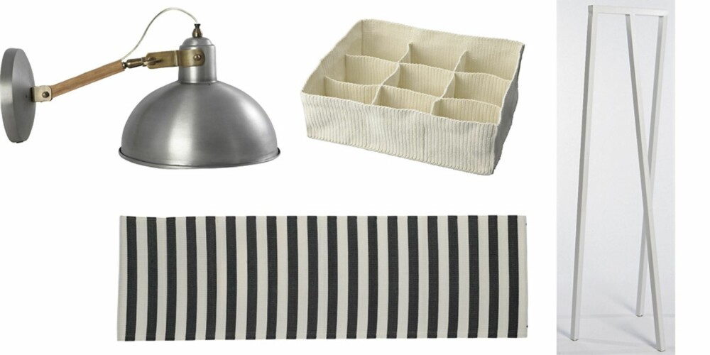 DET LILLE EKSTRA: Vegglampe, kr 998, House Doctor. Flettekurv med flere rom til oppbevaring av nøkler, mynter og småtterier, kr 135, Ikea. Praktisk svart og hvitt plastteppe, kr 125, House Doctor. Hvitt frittstående klesstativ, kr 1299, Verket Interiør. DET LILLE EKSTRA: Vegglampe, kr 998, House Doctor. Flettekurv med flere rom til oppbevaring av nøkler, mynter og småtterier, kr 135, Ikea. Praktisk svart og hvitt plastteppe, kr 125, House Doctor. Hvitt frittstående klesstativ, kr 1299, Verket Interiør.