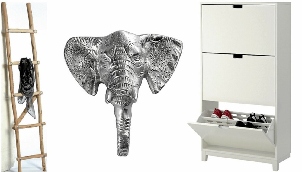 GANGBARE LØSNINGER: Trestige, til for eksempel sjal og smykker, kr 798, Country Chic. Elefantkrok, kr 89, Åhléns. Hvitt skoskap med tre rom, kr 995, Ikea. GANGBARE LØSNINGER: Trestige, til for eksempel sjal og smykker, kr 798, Country Chic. Elefantkrok, kr 89, Åhléns. Hvitt skoskap med tre rom, kr 995, Ikea.