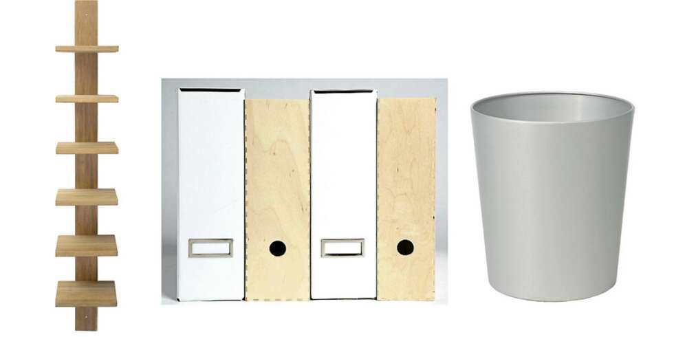 TAR LITEN PLASS: Smal hylle av eik til bøker, CD-er og DVD-er, kr 1500, Åhléns. Hvite arkivpermer, kr 75 pr. sett med to, i trefinér, kr 65 pr. sett med to, begge fra Ikea. Parpirkurv i hvitlakkert aluminium, kr 150, Åhléns. TAR LITEN PLASS: Smal hylle av eik til bøker, CD-er og DVD-er, kr 1500, Åhléns. Hvite arkivpermer, kr 75 pr. sett med to, i trefinér, kr 65 pr. sett med to, begge fra Ikea. Parpirkurv i hvitlakkert aluminium, kr 150, Åhléns.