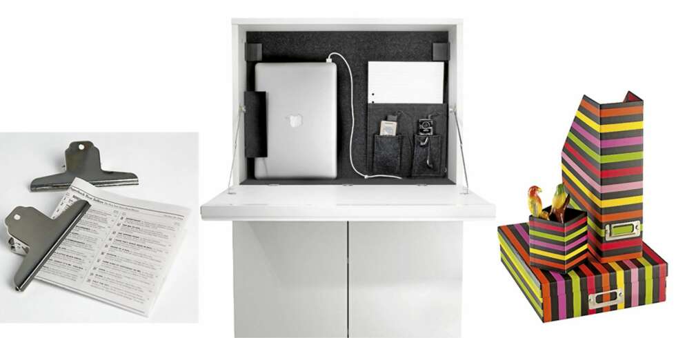 MINIKONTOR: Store metallklyper, kr 19, Granit. Arbeidsplass for bærbar PC, kr 895, Ikea. Stripet arkivsett med mappe, kr 49, penneholder, kr 29, og tidsskriftsholder, kr 49, Åhléns. MINIKONTOR: Store metallklyper, kr 19, Granit. Arbeidsplass for bærbar PC, kr 895, Ikea. Stripet arkivsett med mappe, kr 49, penneholder, kr 29, og tidsskriftsholder, kr 49, Åhléns.