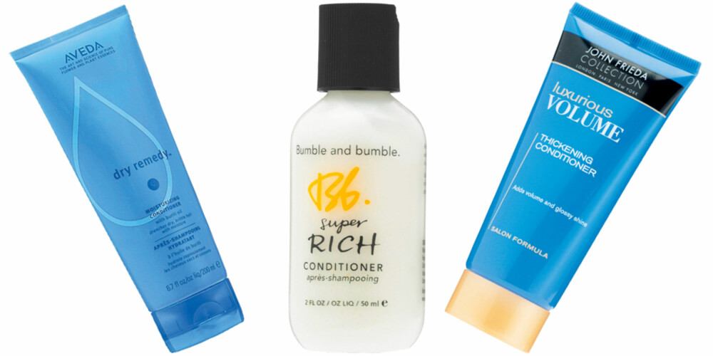FRA VENSTRE: Aveda Dry Remedy Moisturizing Conditioner (kr 429), Bumble and bumble Super Rich Condotioner (kr 85), John Freida Collection Luxurious Volume Thickening Conditioner (kr 29 for reisestørrelse). FRA VENSTRE: Aveda Dry Remedy Moisturizing Conditioner (kr 429), Bumble and bumble Super Rich Condotioner (kr 85), John Freida Collection Luxurious Volume Thickening Conditioner (kr 29 for reisestørrelse).