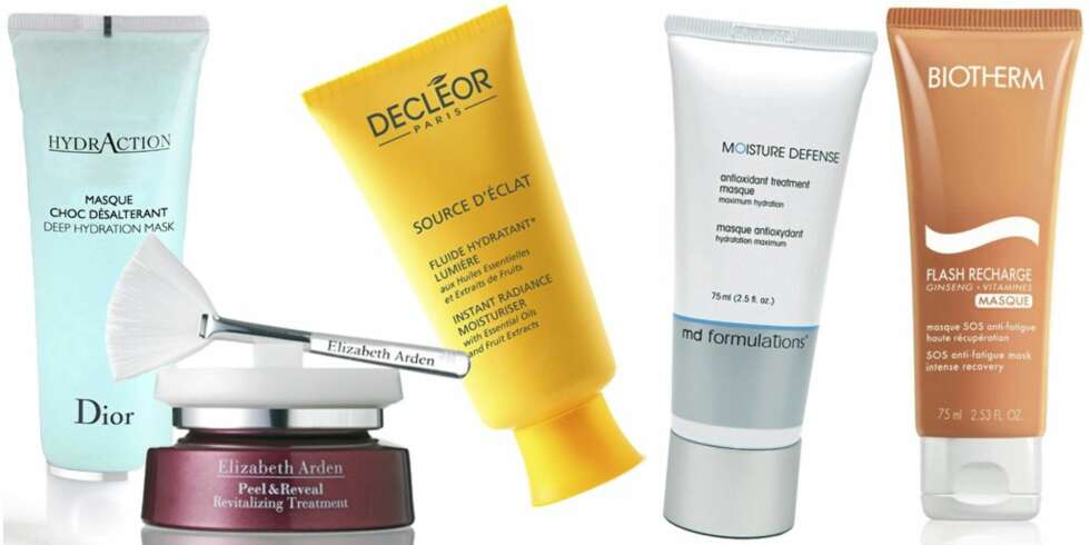 FRA VENSTRE: Dior HydrAction Deep Hydration Mask (kr 350), Elizabeth Arden Peel and Reveal Revitalizing Treatment (kr 400), Decléor Radiance Revealing Peel-off Mask (kr 379), Md Formulations Moisture Defense Antioxidant Treatment Mask (kr 429), Biotherm Flash Recharge Mask (kr 315). FRA VENSTRE: Dior HydrAction Deep Hydration Mask (kr 350), Elizabeth Arden Peel and Reveal Revitalizing Treatment (kr 400), Decléor Radiance Revealing Peel-off Mask (kr 379), Md Formulations Moisture Defense Antioxidant Treatment Mask (kr 429), Biotherm Flash Recharge Mask (kr 315).