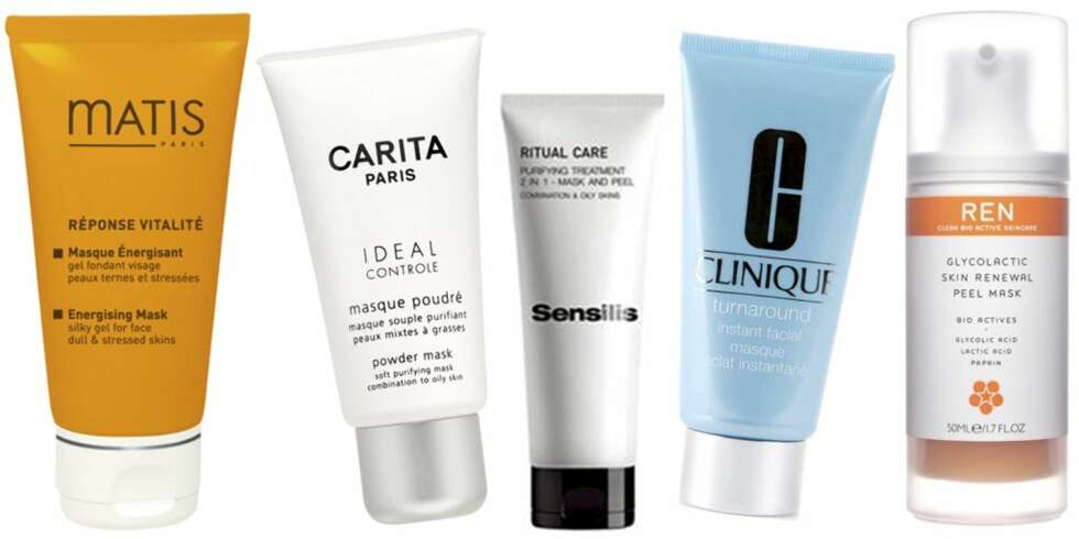 FRA VENSTRE: Matis Résponse Vitalité Energising Mask (kr 379), Carita Ideal Controle Powder mask (kr 390), Sensilis Ritual Care Purifying Treatment 2 in 1 - mask and peel (kr 249), Clinique Turnaround Instant Facial Mask (kr 365), REN Glycolatic Skin Renewal Peel Mask (kr 425). FRA VENSTRE: Matis Résponse Vitalité Energising Mask (kr 379), Carita Ideal Controle Powder mask (kr 390), Sensilis Ritual Care Purifying Treatment 2 in 1 - mask and peel (kr 249), Clinique Turnaround Instant Facial Mask (kr 365), REN Glycolatic Skin Renewal Peel Mask (kr 425).