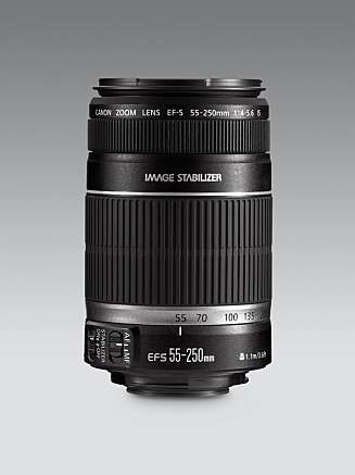 Et zoomobjektiv har to oppgitte brennvidder. Dette objektivet fra Canon strekker seg fra 55 mm til 250 mm. Et zoomobjektiv har to oppgitte brennvidder. Dette objektivet fra Canon strekker seg fra 55 mm til 250 mm.