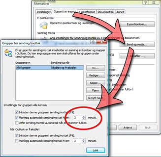 RASKE INTERVALLER: Som standard sjekker Outlook etter e-post hvert 30. minutt. Her kan man stille raskere intervaller for hyppigere levering. RASKE INTERVALLER: Som standard sjekker Outlook etter e-post hvert 30. minutt. Her kan man stille raskere intervaller for hyppigere levering.