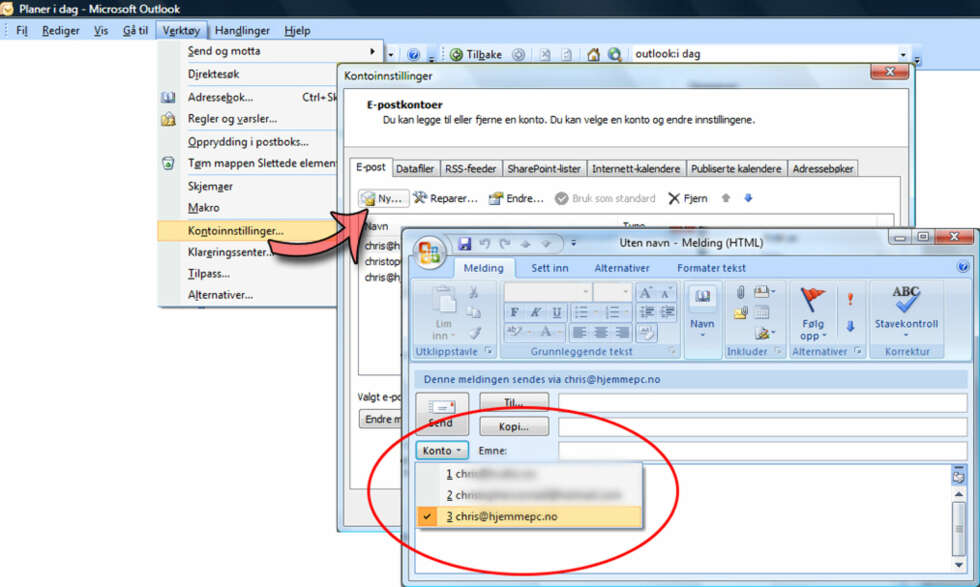 FLERE KONTOER: Man kan sette opp flere kontoer i Outlook. Når man så sender e-post, kan man velge hvilken konto e-posten skal sendes fra. FLERE KONTOER: Man kan sette opp flere kontoer i Outlook. Når man så sender e-post, kan man velge hvilken konto e-posten skal sendes fra.