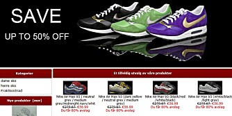 BILLIG: Nettbutikkene driver aggressiv markedsføring, og lokker med billige priser sammenlignet med originale Nike-sko. FOTO: Faksimile fra nikenorge-sko.com BILLIG: Nettbutikkene driver aggressiv markedsføring, og lokker med billige priser sammenlignet med originale Nike-sko. FOTO: Faksimile fra nikenorge-sko.com