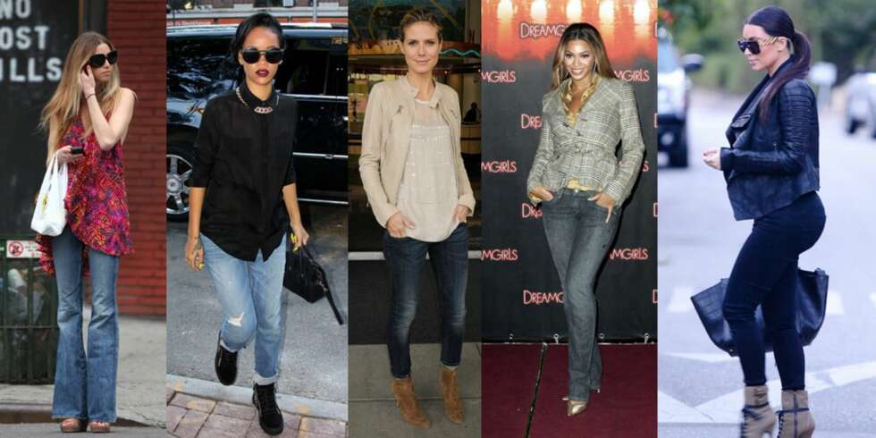 ULIKE MODELLER: Whitney Port (t.v.) er ofte å se i flarejeans, noe som gir henne litt mer former. Rihanna liker seg i avslappa boyfriend-jeans. Oppbrettede skinnyjeans passer godt på Heidi Klums lange ben. Beyonces smekre former kler rette jeans i kraftig denim. Kim Kardashian trenger ekstra god stretch over den kjente rumpa si. ULIKE MODELLER: Whitney Port (t.v.) er ofte å se i flarejeans, noe som gir henne litt mer former. Rihanna liker seg i avslappa boyfriend-jeans. Oppbrettede skinnyjeans passer godt på Heidi Klums lange ben. Beyonces smekre former kler rette jeans i kraftig denim. Kim Kardashian trenger ekstra god stretch over den kjente rumpa si.