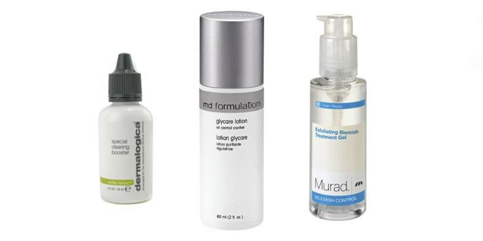 HJEMMEPRODUKTER: Produkter spesielt utviklet mot akne kan hjelpe. Dermalogica Special clearing booster, MD Formulations Glycare lotion og Dr. Murad Exfoliating blemish treatment gel er eksempler på dette. HJEMMEPRODUKTER: Produkter spesielt utviklet mot akne kan hjelpe. Dermalogica Special clearing booster, MD Formulations Glycare lotion og Dr. Murad Exfoliating blemish treatment gel er eksempler på dette.