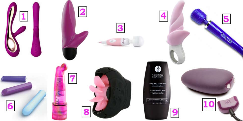 TIL HENNE: 1. Soraya rabbitvibrator er bestselgeren fra Lelo, best i test og et must for alle kvinnelige luksusdyr. Verdens vakreste rabbit-vibrator tilfredsstiller alle krav et erotisk leketøy i denne klassen bør ha. Fås hos samtlige nettbutikker. (En rimeligere variant fra Lelo er G-Ki, en veldig effektiv g-punktsvibrator. Fås hos kondomeriet.no.)
2. Flash Mini er en dobbeltstimulerende rabbit-vibrator. En hit blant jenter! Fås hos ceciliekjensli.no.
3. Fairy, som minner om Magic Massager, men med trinnløs vibrering og mer kraft. Finnes også som fairy mini og fairy baby. Fås hos erotikknett.no.
4. Calla Vibe G4 er en oppgradert og redesignet oppfølger av bestselgeren Stubby, som tidligere har vunnet mange best-i-test-priser. Fås hos ceciliekjensli.no og erotikknett.no.
5. Magic Massager, noe for både småbarnsmødre og svigermor? Trekant-favoritten fra i fjor, og alle sex-eksperters favoritt, er denne oppladbare og diskrete orgasmemaskinen. Fås hos ceciliekjensli.no.
6. Tango er en liten, helt diskret vibrator som ser ut som en leppestift. Fås hos kondomeriet.no og erotikknett.no.
7. Mini Opal klitorisvibrator er en fin venninnegave. Den er vanntett, har trinnløs vibrasjon og håndleddstropp slik at du ikke mister den i dusjen. Fås hos kondomeriet.no.
8. Sqweel, oralsexmaskinen, er en klitoris stimulator som gir en unik følelse av å få oralsex. Fås hos samtlige butikker.
9. Secret orgasmekrem for litt ekstra vinterkos er en bestselger. Fås hos kondomeriet.no.
10. MiMi vibratoregg som hun kan hygge seg med når gjestene har gått hjem. Fås hos kondomeriet.no. TIL HENNE: 1. Soraya rabbitvibrator er bestselgeren fra Lelo, best i test og et must for alle kvinnelige luksusdyr. Verdens vakreste rabbit-vibrator tilfredsstiller alle krav et erotisk leketøy i denne klassen bør ha. Fås hos samtlige nettbutikker. (En rimeligere variant fra Lelo er G-Ki, en veldig effektiv g-punktsvibrator. Fås hos kondomeriet.no.)
2. Flash Mini er en dobbeltstimulerende rabbit-vibrator. En hit blant jenter! Fås hos ceciliekjensli.no.
3. Fairy, som minner om Magic Massager, men med trinnløs vibrering og mer kraft. Finnes også som fairy mini og fairy baby. Fås hos erotikknett.no.
4. Calla Vibe G4 er en oppgradert og redesignet oppfølger av bestselgeren Stubby, som tidligere har vunnet mange best-i-test-priser. Fås hos ceciliekjensli.no og erotikknett.no.
5. Magic Massager, noe for både småbarnsmødre og svigermor? Trekant-favoritten fra i fjor, og alle sex-eksperters favoritt, er denne oppladbare og diskrete orgasmemaskinen. Fås hos ceciliekjensli.no.
6. Tango er en liten, helt diskret vibrator som ser ut som en leppestift. Fås hos kondomeriet.no og erotikknett.no.
7. Mini Opal klitorisvibrator er en fin venninnegave. Den er vanntett, har trinnløs vibrasjon og håndleddstropp slik at du ikke mister den i dusjen. Fås hos kondomeriet.no.
8. Sqweel, oralsexmaskinen, er en klitoris stimulator som gir en unik følelse av å få oralsex. Fås hos samtlige butikker.
9. Secret orgasmekrem for litt ekstra vinterkos er en bestselger. Fås hos kondomeriet.no.
10. MiMi vibratoregg som hun kan hygge seg med når gjestene har gått hjem. Fås hos kondomeriet.no.