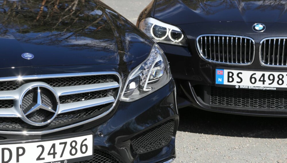 TUNG PRESTISJE: I norsk målestokk er dette familiebilenes mest prestisjetunge duell: Mercedes E 250 CDI 4Matic T mot BMW 525d xDrive. FOTO: Terje Bjørnsen TUNG PRESTISJE: I norsk målestokk er dette familiebilenes mest prestisjetunge duell: Mercedes E 250 CDI 4Matic T mot BMW 525d xDrive. FOTO: Terje Bjørnsen