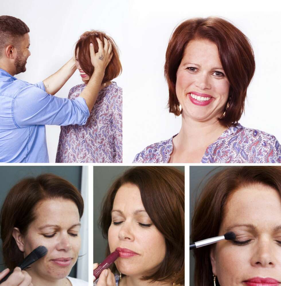 HÅR OG SMINKE: Elisabeth farger vanligvis håret sitt selv, og frisør Eirik måtte derfor fjerne fargen før han kunne starte forvandlingen. Makeupartist Jeanette synes Elisabeth har en vakker munn, og bestemte seg derfor for å fokusere på leppene ved å gi henne en leppestift med mye farge. HÅR OG SMINKE: Elisabeth farger vanligvis håret sitt selv, og frisør Eirik måtte derfor fjerne fargen før han kunne starte forvandlingen. Makeupartist Jeanette synes Elisabeth har en vakker munn, og bestemte seg derfor for å fokusere på leppene ved å gi henne en leppestift med mye farge.