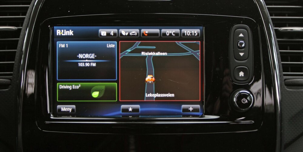 R-LINK: Mediesystemet til Renault, R-Link, er enkelt å bruke. Navigasjon, basert på TomTom, koster ekstra. R-LINK: Mediesystemet til Renault, R-Link, er enkelt å bruke. Navigasjon, basert på TomTom, koster ekstra.