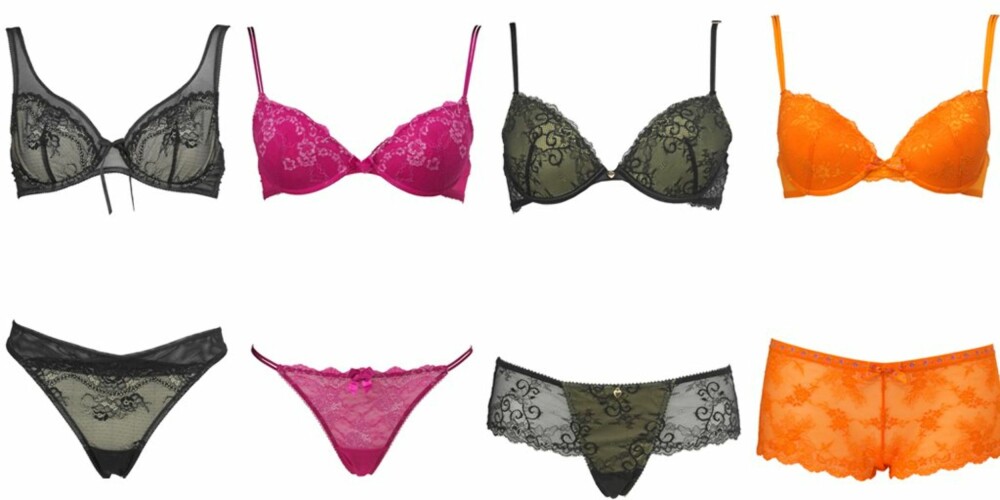 BLONDER: Blonder slår aldri feil. Fra venstre: Svarte blonder fra La Redoute, bh kr 199, truse kr 79. Knallrosa fra H&M, bh kr 129, truse kr 49,50. Svart og lysegult sett fra Gina Tricot, bh kr 129, truse kr 59. Oransje sett fra Lindex. Bh kr 99, truse kr 69,50. BLONDER: Blonder slår aldri feil. Fra venstre: Svarte blonder fra La Redoute, bh kr 199, truse kr 79. Knallrosa fra H&M, bh kr 129, truse kr 49,50. Svart og lysegult sett fra Gina Tricot, bh kr 129, truse kr 59. Oransje sett fra Lindex. Bh kr 99, truse kr 69,50.