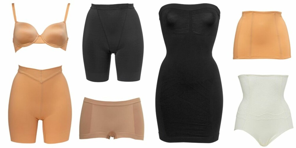 FIGURFORMENDE: Hold in-truse og shaping-bh fra Triumph, kr 299 for bh og kr 299 for lang truse. Lang svart shapingtruse fra Lindex, kr 280. Kort shapinghipster fra La Senza, kr 400. Shapingkjole fra La Senza, kr 590. Korsett fra Triumph, kr 249. Hvit hold in-truse fra Lindex, kr 349. FIGURFORMENDE: Hold in-truse og shaping-bh fra Triumph, kr 299 for bh og kr 299 for lang truse. Lang svart shapingtruse fra Lindex, kr 280. Kort shapinghipster fra La Senza, kr 400. Shapingkjole fra La Senza, kr 590. Korsett fra Triumph, kr 249. Hvit hold in-truse fra Lindex, kr 349.