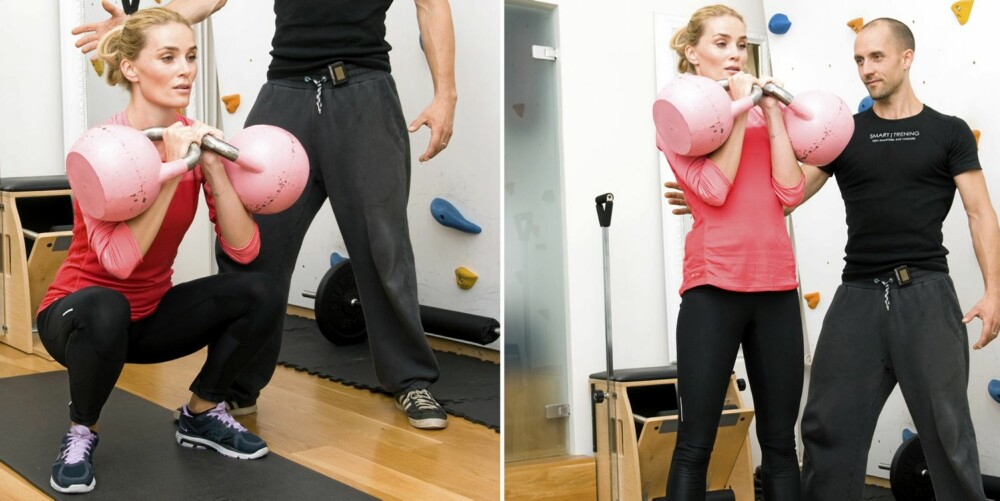 5 - FRONTBØY: Frontbøy med kettlebells gjør knebøy til en mageøvelse. 5 - FRONTBØY: Frontbøy med kettlebells gjør knebøy til en mageøvelse.