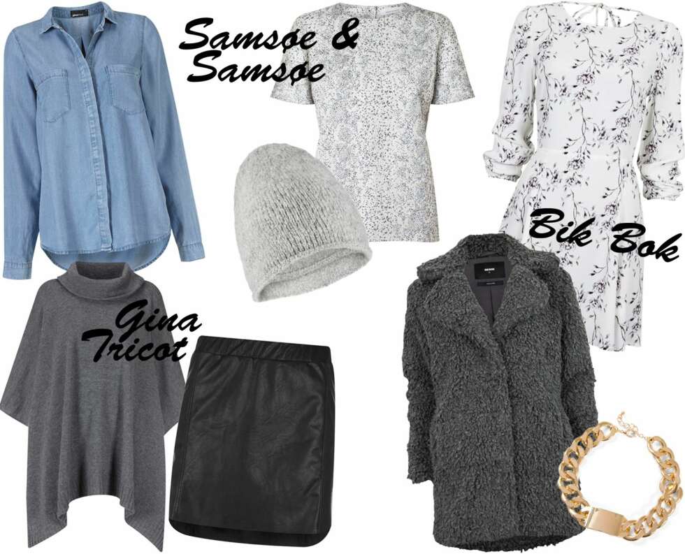 <b>GINA TRICOT:</b> Skjorte, kr 249. Poncho, kr 249. Skjørt, kr 199. <b>SAMSØE & SAMSØE:</b> T-skjorte, kr 599. Lue, kr 399. <b>BIK BOK:</b> Jakke, kr 599. Kjole, kr 299. Kjede, kr 249. <b>GINA TRICOT:</b> Skjorte, kr 249. Poncho, kr 249. Skjørt, kr 199. <b>SAMSØE & SAMSØE:</b> T-skjorte, kr 599. Lue, kr 399. <b>BIK BOK:</b> Jakke, kr 599. Kjole, kr 299. Kjede, kr 249.