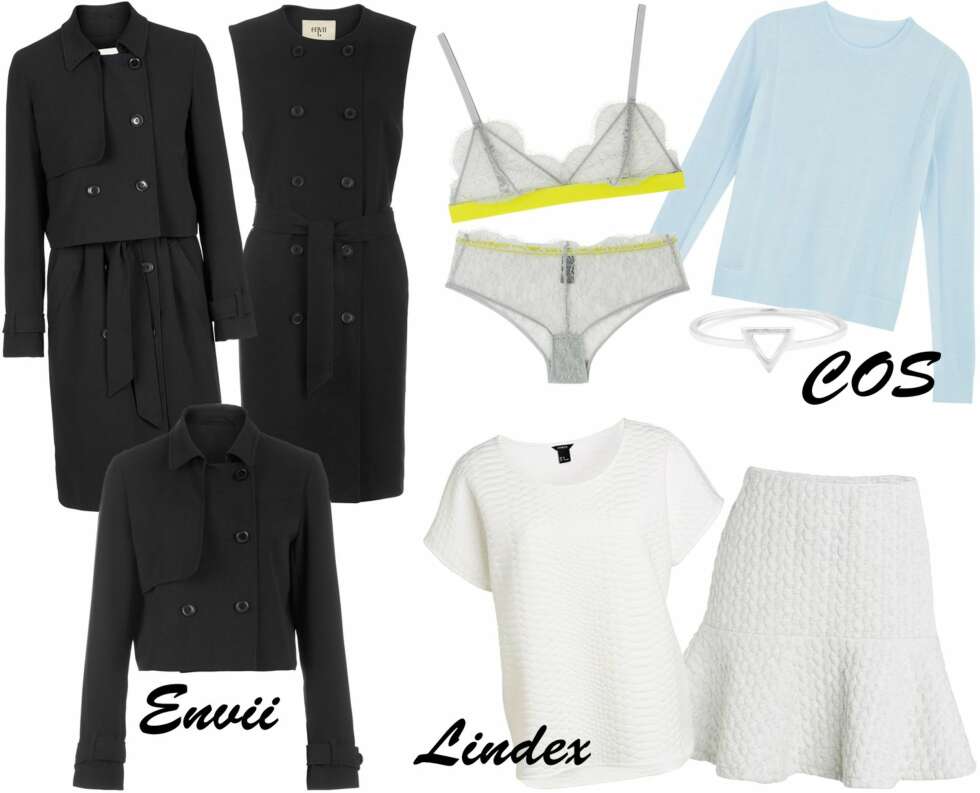 <b>ENVII:</b> Trenchcoat, kr 1540. Jakke, kr 1450. Kjole, kr 1450. <b>LINDEX:</b> Topp, kr 199. Skjørt, kr 249. <b>COS:</b> BH, kr 250. Truse, kr 150. Genser, kr 590. Ring, kr 290. <b>ENVII:</b> Trenchcoat, kr 1540. Jakke, kr 1450. Kjole, kr 1450. <b>LINDEX:</b> Topp, kr 199. Skjørt, kr 249. <b>COS:</b> BH, kr 250. Truse, kr 150. Genser, kr 590. Ring, kr 290.