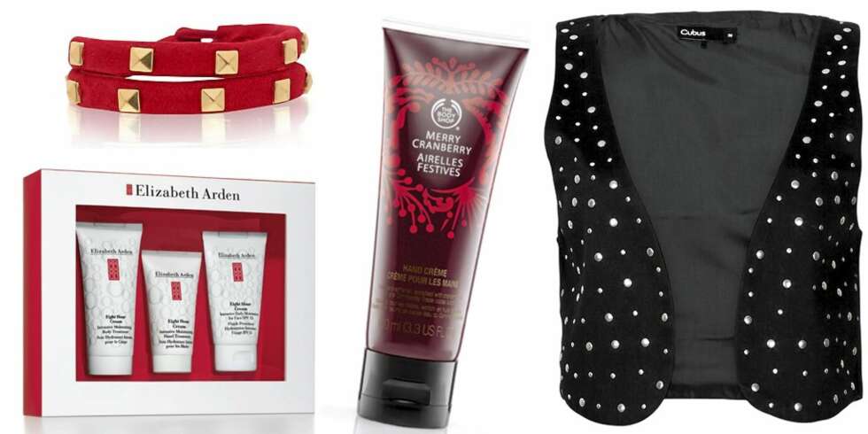 FRA VENSTRE: Elizabeth Arden Eight Hour Kit (kr 349), armbånd med nagler fra Mint (kr 199), håndkrem fra The Body Shop Merry Cranberry (kr 119), vest med nagler fra Cubus (kr 199). FRA VENSTRE: Elizabeth Arden Eight Hour Kit (kr 349), armbånd med nagler fra Mint (kr 199), håndkrem fra The Body Shop Merry Cranberry (kr 119), vest med nagler fra Cubus (kr 199).