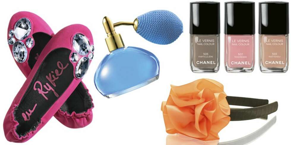 FRA VENSTRE: Tøffler fra Sonia Rykiel pour H&M (kr 249), Oriflame Miss O Fashion Princess eau de toilette (kr 249/50 ml), hårbøyle med rosett fra Friis & Co (kr 149), neglelakk fra Chanel (kr 195 pr. stk.). FRA VENSTRE: Tøffler fra Sonia Rykiel pour H&M (kr 249), Oriflame Miss O Fashion Princess eau de toilette (kr 249/50 ml), hårbøyle med rosett fra Friis & Co (kr 149), neglelakk fra Chanel (kr 195 pr. stk.).