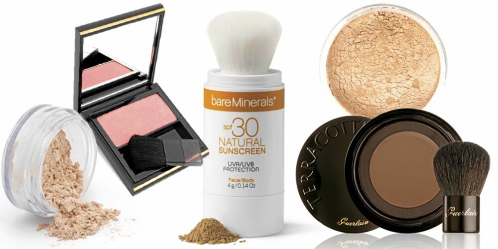 FRA VENSTRE: I.D. Bare Minearals All over face color (kr 429), Elizabeth Arden Pure finish mineral cheekcolor (kr 280), I.D. Bare Minerals SPF Natural sunscreen (kr 499), Guerlain Terracotta mineral flawless bronzing powder with brush (kr 535), IsaDora Mineral foundation (kr 150). FRA VENSTRE: I.D. Bare Minearals All over face color (kr 429), Elizabeth Arden Pure finish mineral cheekcolor (kr 280), I.D. Bare Minerals SPF Natural sunscreen (kr 499), Guerlain Terracotta mineral flawless bronzing powder with brush (kr 535), IsaDora Mineral foundation (kr 150).