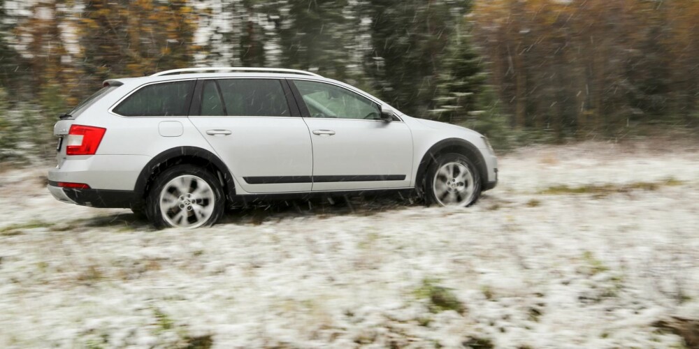 LITT PYNT: Blank plast foran og bak, samt svart rundt skjermene er blitt et fast designtrekk på de halvhøye stasjonsvognene. Skoda Octavia Scout er ikke noe unntak. LITT PYNT: Blank plast foran og bak, samt svart rundt skjermene er blitt et fast designtrekk på de halvhøye stasjonsvognene. Skoda Octavia Scout er ikke noe unntak.